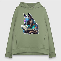 Толстовка оверсайз женская Киберпанк собака с книгой, цвет: авокадо