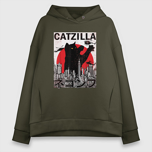Женское худи оверсайз Catzilla in Tokyo мем / Хаки – фото 1