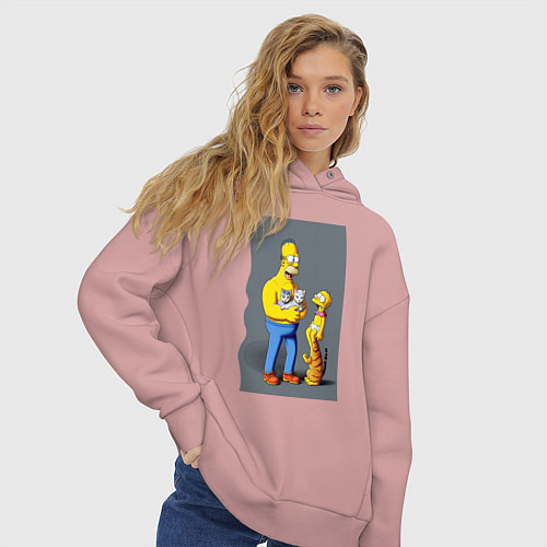 Женское худи оверсайз Homer Simpson and cats - нейросеть арт / Пыльно-розовый – фото 3