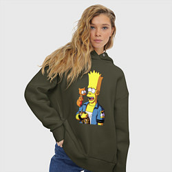 Толстовка оверсайз женская Барт Симпсон и Снежок - нейросеть, цвет: хаки — фото 2