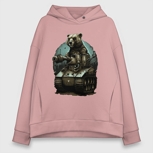 Женское худи оверсайз Медведь на танке / Пыльно-розовый – фото 1