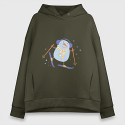 Толстовка оверсайз женская Снеговик катается на лыжах, цвет: хаки