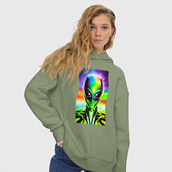 Толстовка оверсайз женская Alien - neural network - neon glow - pop art, цвет: авокадо — фото 2
