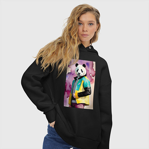 Женское худи оверсайз Панда в модной куртке - акварель / Черный – фото 3