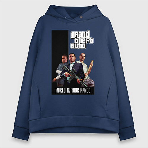 Женское худи оверсайз Майкл, Франклин, Тревор из GTA / Тёмно-синий – фото 1