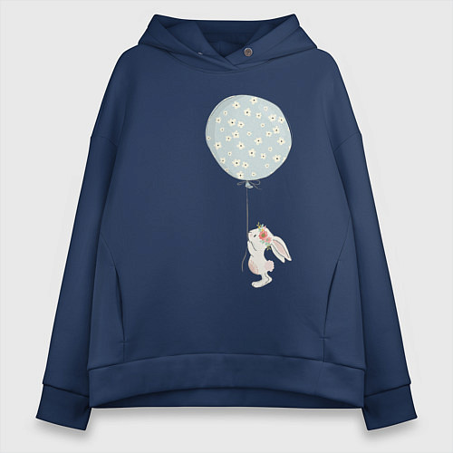 Женское худи оверсайз Милый кролик с шариком в цветочек / Тёмно-синий – фото 1