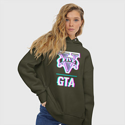 Толстовка оверсайз женская GTA в стиле glitch и баги графики, цвет: хаки — фото 2