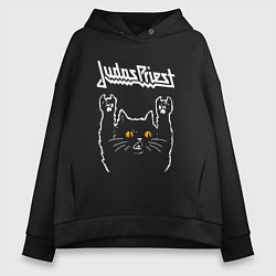 Толстовка оверсайз женская Judas Priest rock cat, цвет: черный
