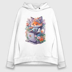 Толстовка оверсайз женская Лиса геймер за компьютером, цвет: белый