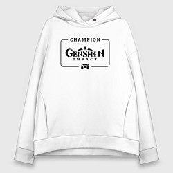 Толстовка оверсайз женская Genshin Impact gaming champion: рамка с лого и джо, цвет: белый
