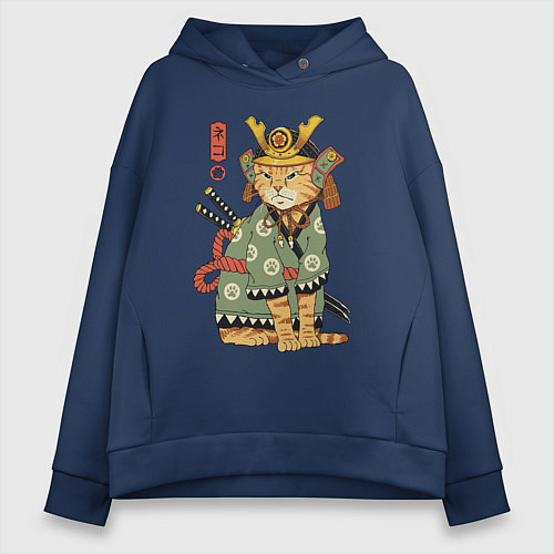 Женское худи оверсайз Samurai battle cat / Тёмно-синий – фото 1