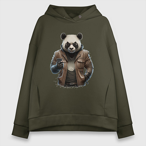 Женское худи оверсайз Крутая панда / Хаки – фото 1