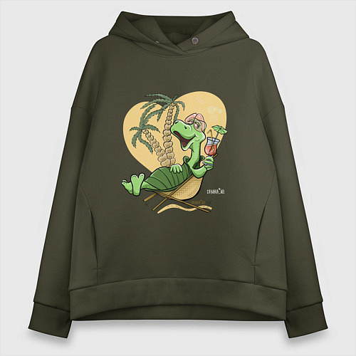 Женское худи оверсайз Черепаха на отдыхе, футболка хб / Хаки – фото 1