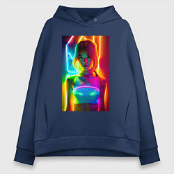 Толстовка оверсайз женская Japanese girl - neon glow - neural network, цвет: тёмно-синий