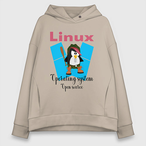 Женское худи оверсайз Пингвин линукс в шляпе / Миндальный – фото 1