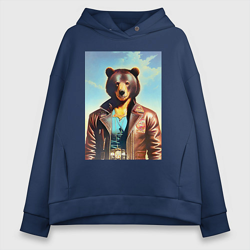 Женское худи оверсайз Cool bear in a leather jacket - neural network / Тёмно-синий – фото 1