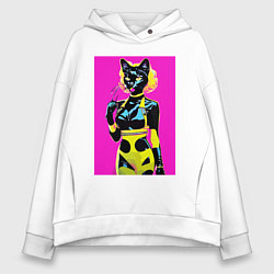 Толстовка оверсайз женская Black cat - fashionista - pop art - neural network, цвет: белый