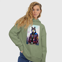 Толстовка оверсайз женская Модный волчара - житель Нью-Йорка - нейросеть, цвет: авокадо — фото 2