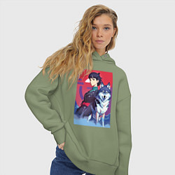 Толстовка оверсайз женская Девочка со своим другом волком - аниме, цвет: авокадо — фото 2