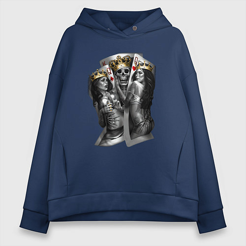 Женское худи оверсайз Девушки, карты и скелет в короне / Тёмно-синий – фото 1