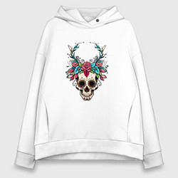 Толстовка оверсайз женская Мексиканский рогатый череп, цвет: белый