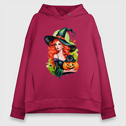 Толстовка оверсайз женская Рыжая ведьма с тыквой и черным котом, цвет: маджента