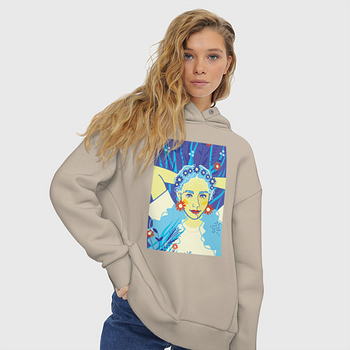 Женское худи оверсайз Девушка с голубыми волосами в цветочном венке / Миндальный – фото 3
