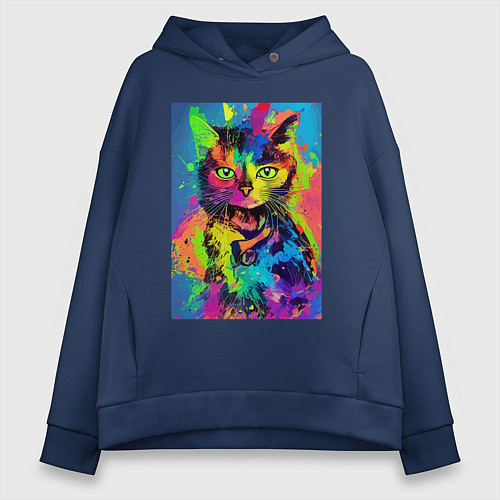 Женское худи оверсайз Funny cat - pop art - neural network / Тёмно-синий – фото 1