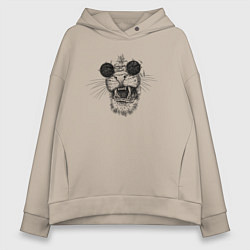 Толстовка оверсайз женская Дикий кот в очках, цвет: миндальный