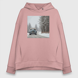Толстовка оверсайз женская Ретро авто зимой, цвет: пыльно-розовый