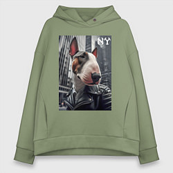 Толстовка оверсайз женская Dude bull terrier in New York - ai art, цвет: авокадо