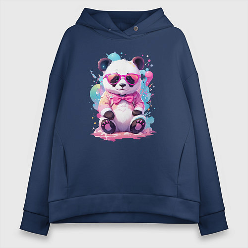 Женское худи оверсайз Милая панда в розовых очках и бантике / Тёмно-синий – фото 1