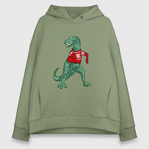 Женское худи оверсайз Динозавр в новогоднем свитере / Авокадо – фото 1