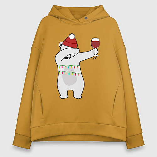 Женское худи оверсайз Новогодний мишка с бокалом вина / Горчичный – фото 1