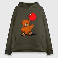 Толстовка оверсайз женская Плюшевый медведь с воздушным шариком, цвет: хаки