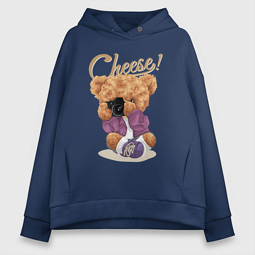 Женское худи оверсайз Плюшевый медвежонок фотограф / Тёмно-синий – фото 1