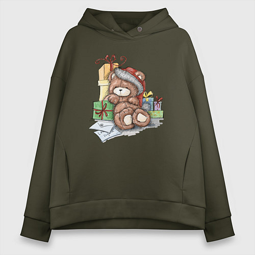 Женское худи оверсайз Мишка с подарками / Хаки – фото 1