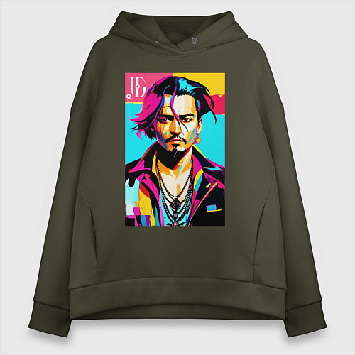 Женское худи оверсайз Джонни Депп - поп арт / Хаки – фото 1