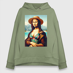 Толстовка оверсайз женская Мона Лиза в купальнике и шляпе на пляже, цвет: авокадо