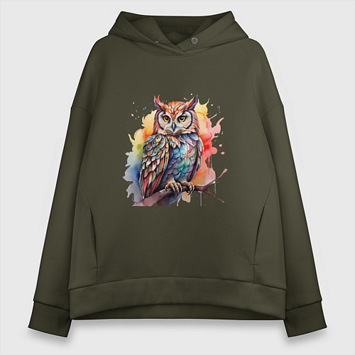 Женское худи оверсайз Акварельная сова / Хаки – фото 1