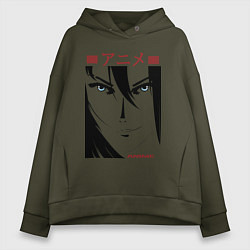 Толстовка оверсайз женская Лицо девушки в стиле манга, цвет: хаки