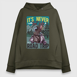 Толстовка оверсайз женская Бабушка на скутере - road trip, цвет: хаки