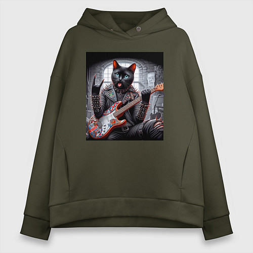 Женское худи оверсайз Чёрный котяра рок гитарист / Хаки – фото 1