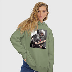 Толстовка оверсайз женская Девчонка рок гитарист с чёрным котом, цвет: авокадо — фото 2