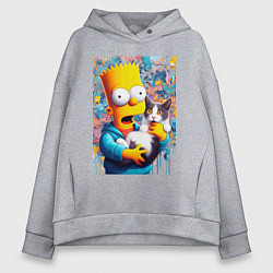 Толстовка оверсайз женская Bart Simpson with a kitten - ai art, цвет: меланж