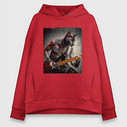 Толстовка оверсайз женская Татуированный чёрный котяра рок гитарист, цвет: красный