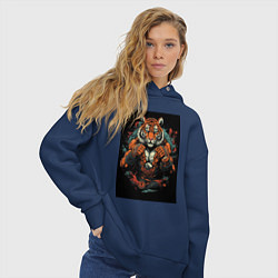 Толстовка оверсайз женская Муай Тай тигр в стойке, цвет: тёмно-синий — фото 2