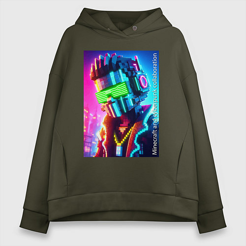 Женское худи оверсайз Minecraft and cyberpunk - collaboration ai art / Хаки – фото 1