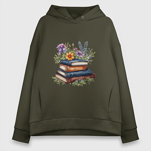 Женское худи оверсайз Стопка книг с полевыми цветами / Хаки – фото 1