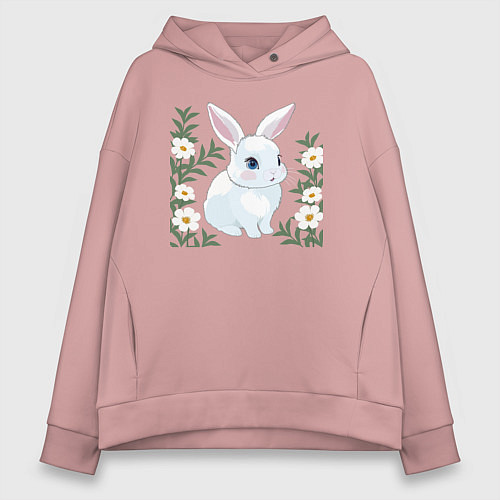 Женское худи оверсайз Милый зайчонок на фоне цветов / Пыльно-розовый – фото 1